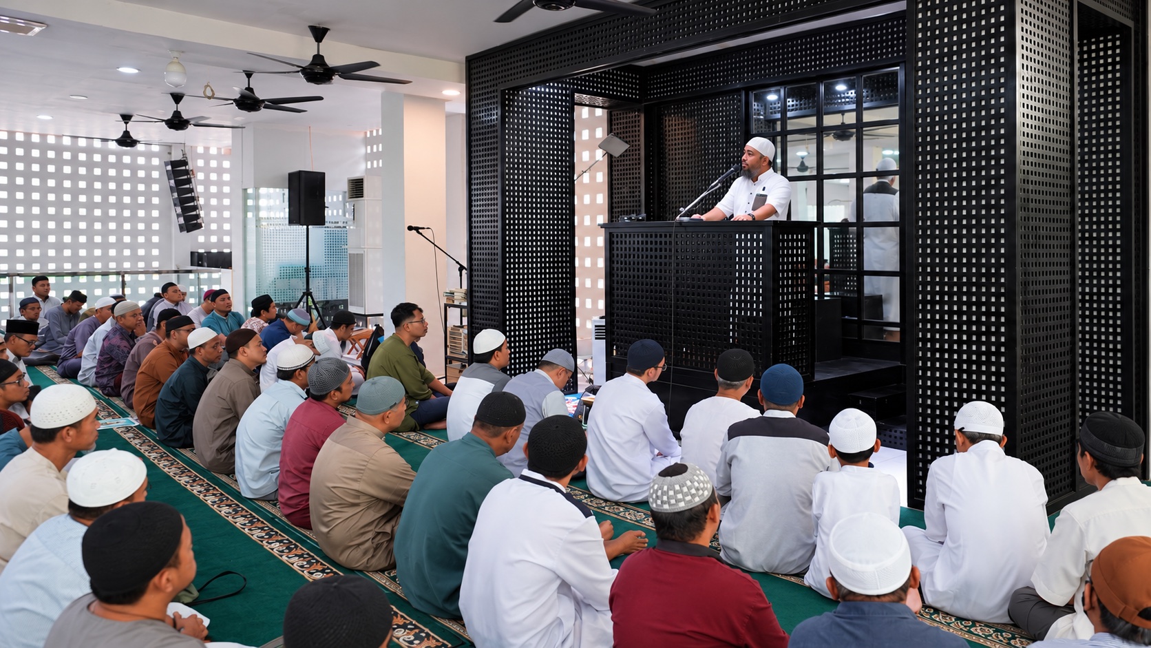 Jamaah menyimak khutbah di masjid; foto dokumentasi yang telah disunting secara digital.