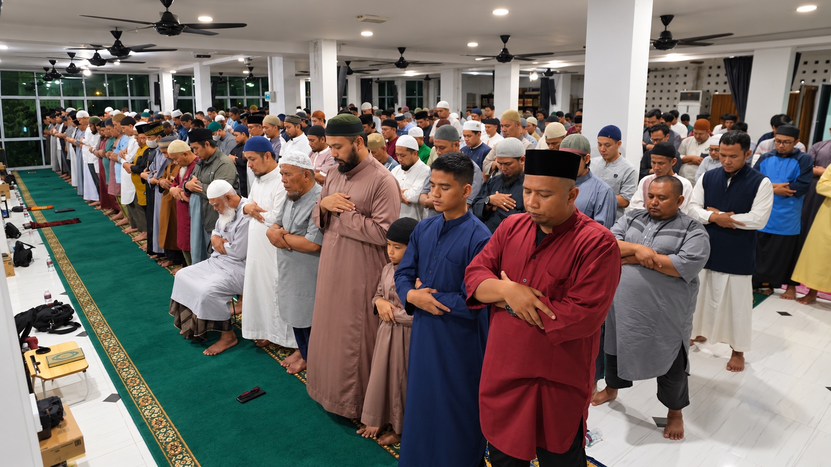 Jamaah melaksanakan salat tarawih di Masjid Hang; foto diolah secara digital.